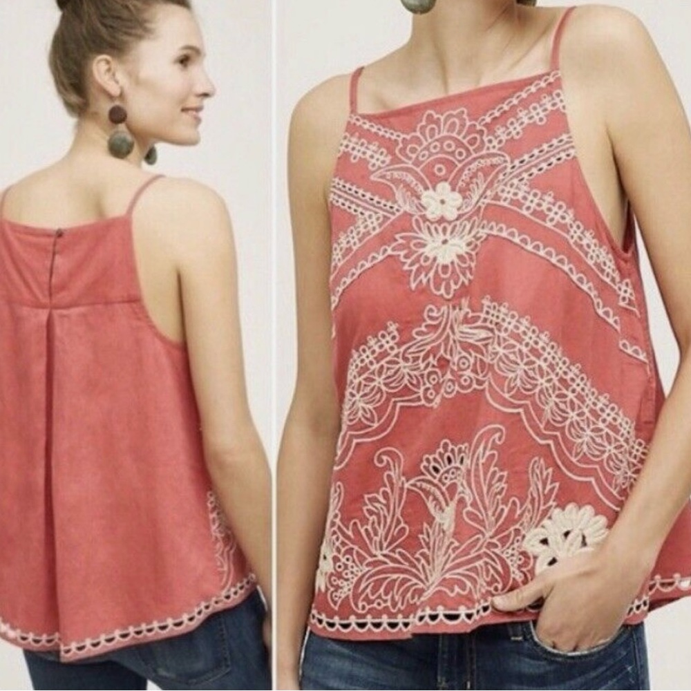 Anthropologie coral Camisole Top with floral embroidery *flawed*